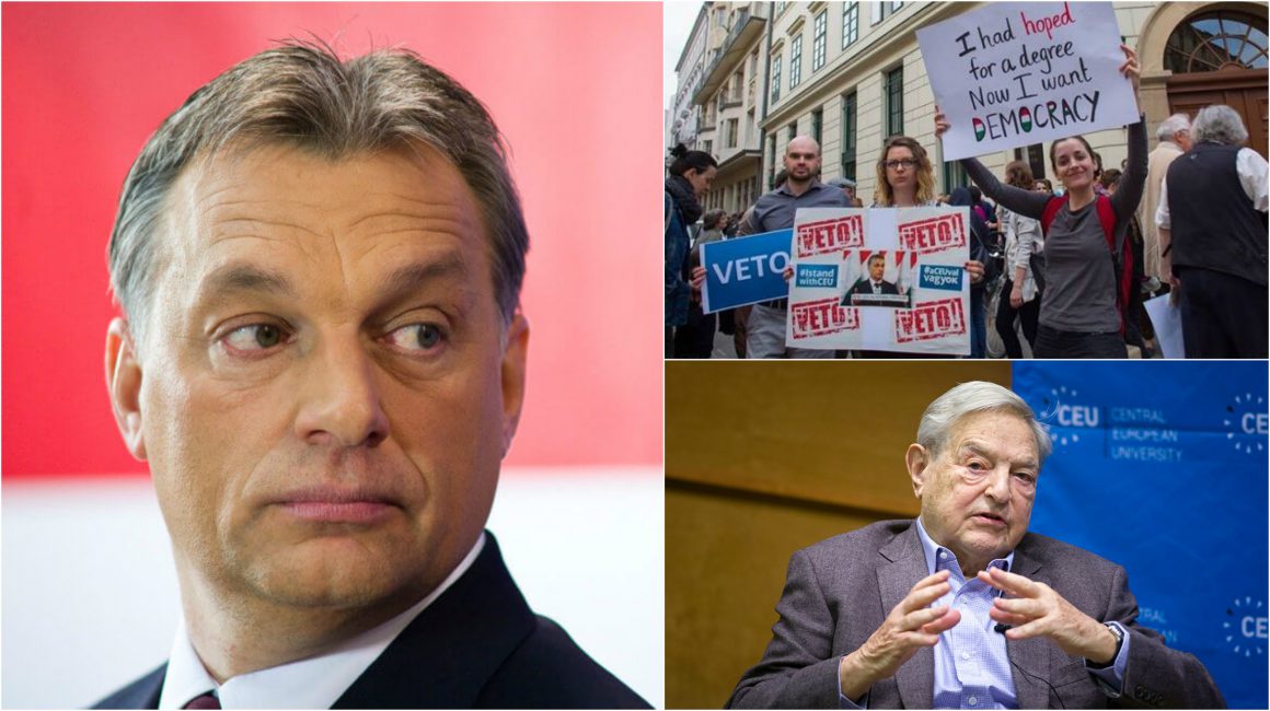 Viktor Orbán, protesters in Budapest rallying to save the Central European University (CEU), George Soros