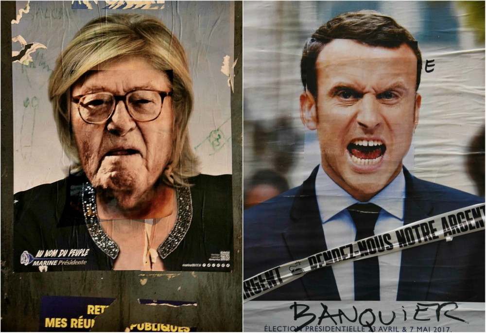 Election campaign posters of Marine Le Pen and Emmanuel Macron