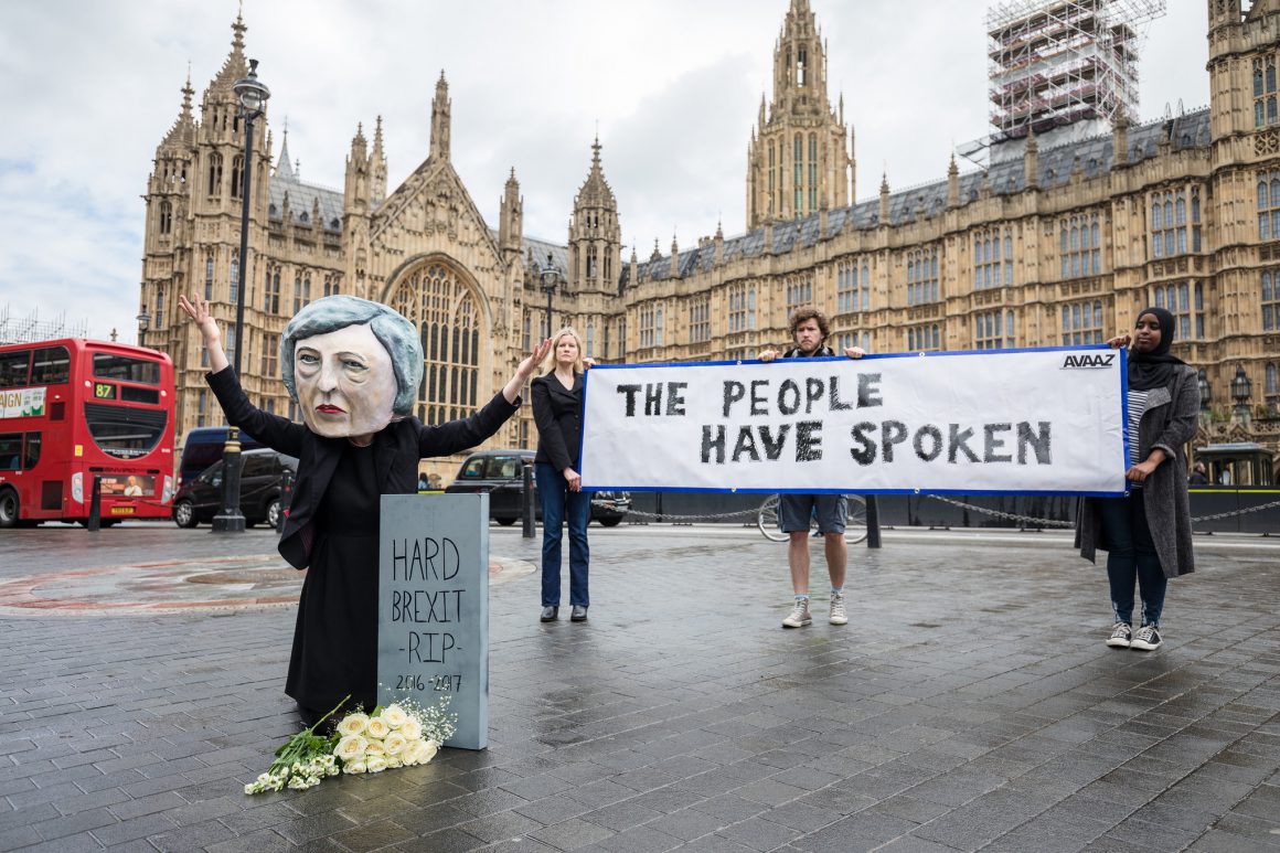 Campaigners from global citizens´ movement Avaaz demonstrate after UK general elections