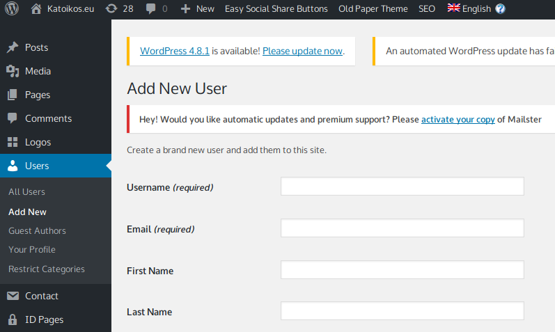 Adding new user dialogue in CMS